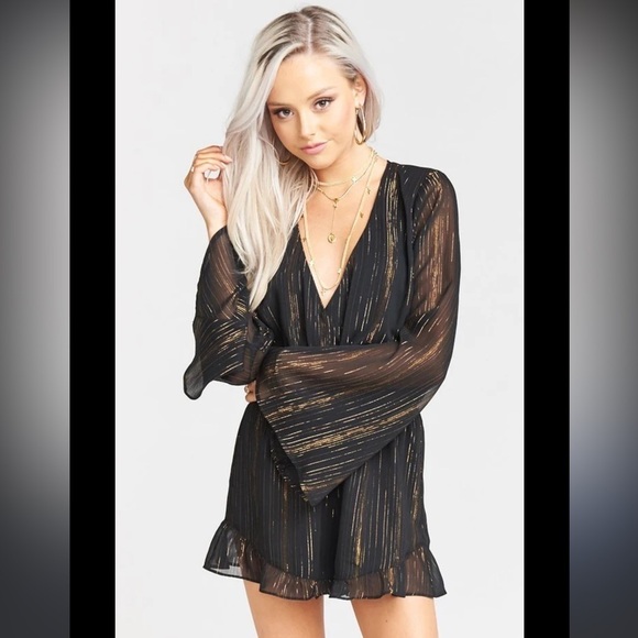 Show Me Your Mumu Black and Gold Striped Loretta Romper XS